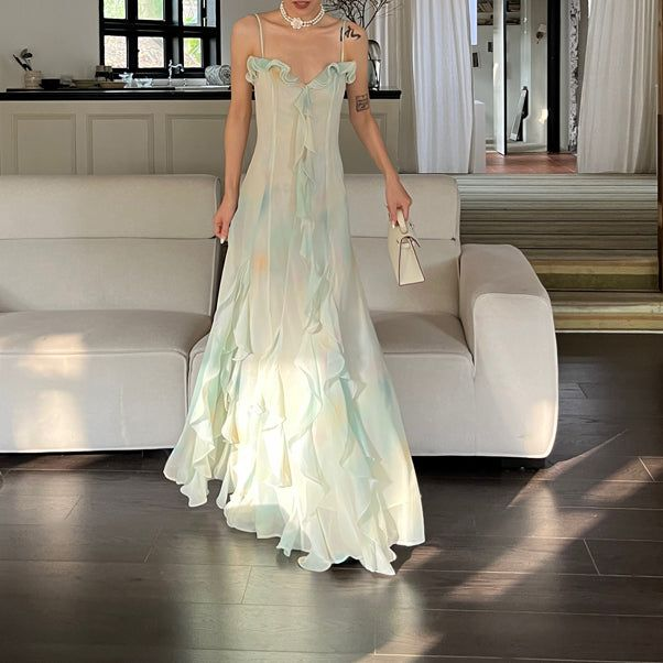 Beautiful Green Chiffon Layered Ruffle Prom Dress Straps Evening Gown Y7897 Main Image