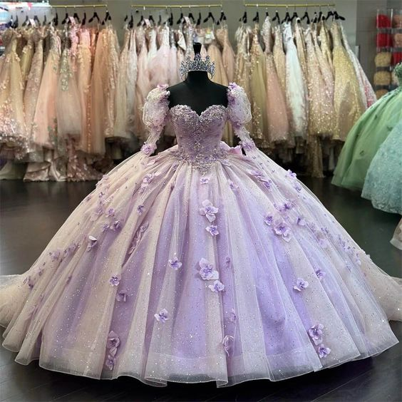 Lilac 3D Flowers Ball Gown Quinceanera Dresses Puff Long Sleeves  Y6580 Hover Image