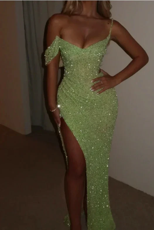 Sparkly Sage Green Sequins Off-The-Shoulder Split Prom Dress Formal Evening Gown Y7983 by simplepromdress