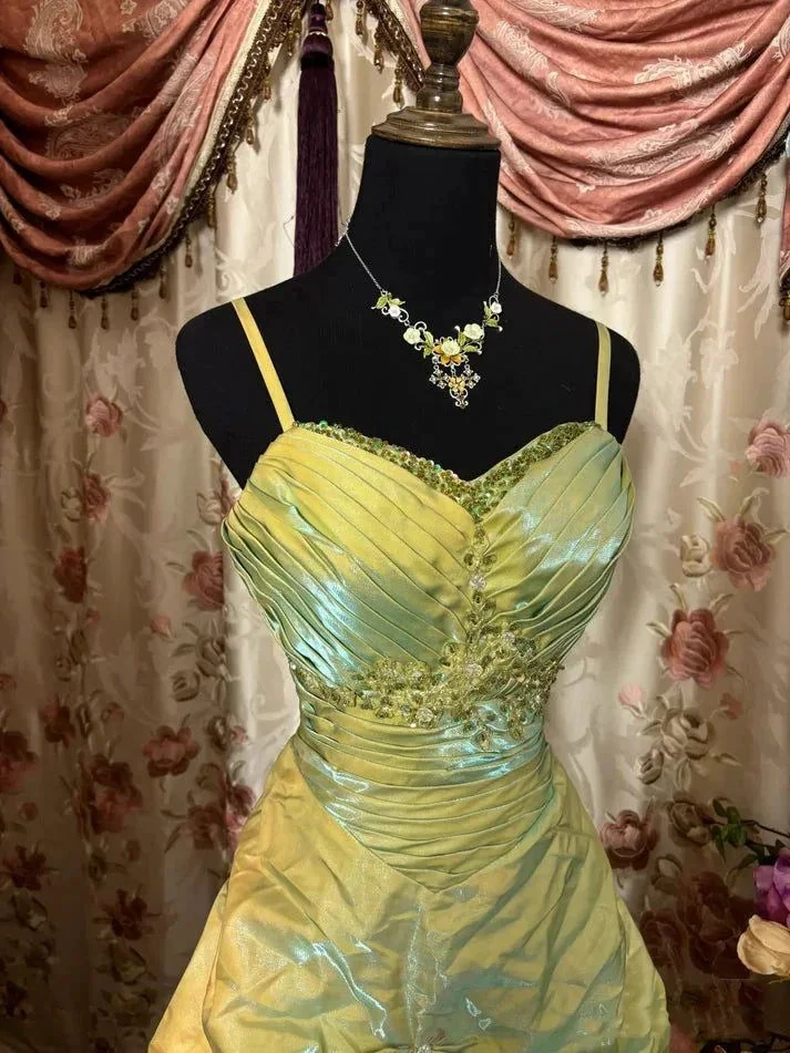 Vintage Sage Green A-Line Spaghetti Strap Satin Long Prom Dress Beaded Evening Dress Y8517 by simplepromdress