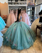 Lake Blue Princess Ball Gown 3D Flowers Quinceanera Dresses Off Shoulder Appliques Beaded Maxi Sweet 16 Dress Y2632 by simplepromdress