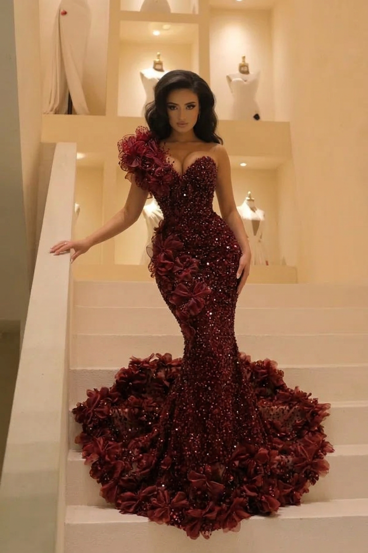 The Bordeaux Bloom - 2026 One-Shoulder Sequin Mermaid Gown: 3D Floral Appliqués &amp; Crushed Garnet Beadwork