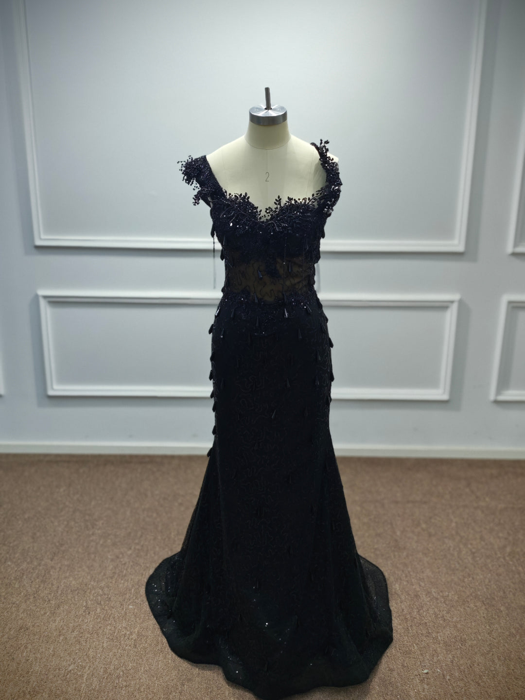 Luxury Black Sequin Mermaid Prom Dress – Illusion Corset Bodice with 3D Beaded Lace &amp; Off-the-Shoulder Detail | 2026 Gothic Glamour Evening Collection