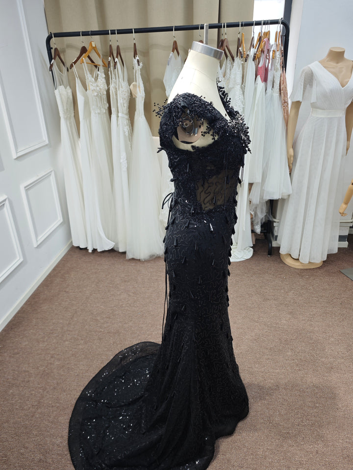 Luxury Black Sequin Mermaid Prom Dress – Illusion Corset Bodice with 3D Beaded Lace &amp; Off-the-Shoulder Detail | 2026 Gothic Glamour Evening Collection