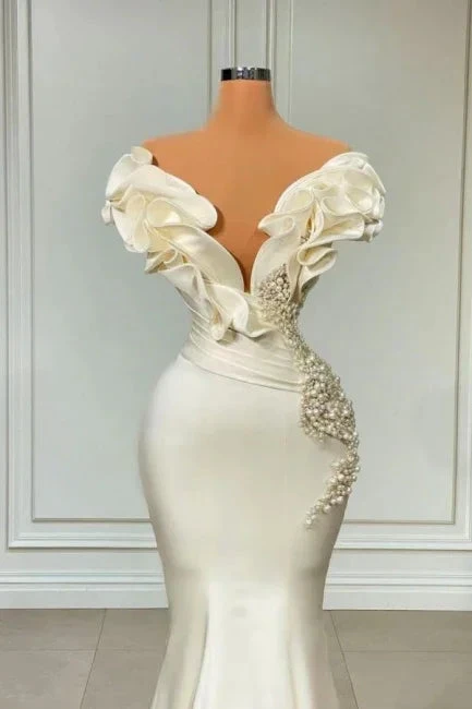 Generous White Long Pearl Ruffle Wedding Dresses Y1747 by simplepromdress