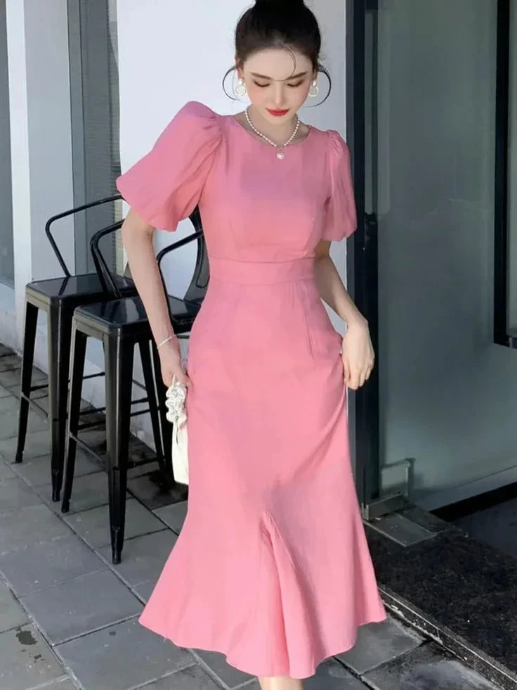 Classy Pink Puff Sleeves Mid-length Prom Dress Pink Evening Dress Y7113 by simplepromdress