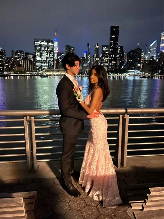Romantic Pink Backless Sleeveless Lace Mermaid Evening Dresses with Train Y1490 by simplepromdress