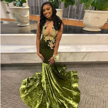 African Prom Dress For Black Girl Velvet Appliques Deep V Neck Sexy Mermaid Graduation Party Evening Dress Y6345 by simplepromdress