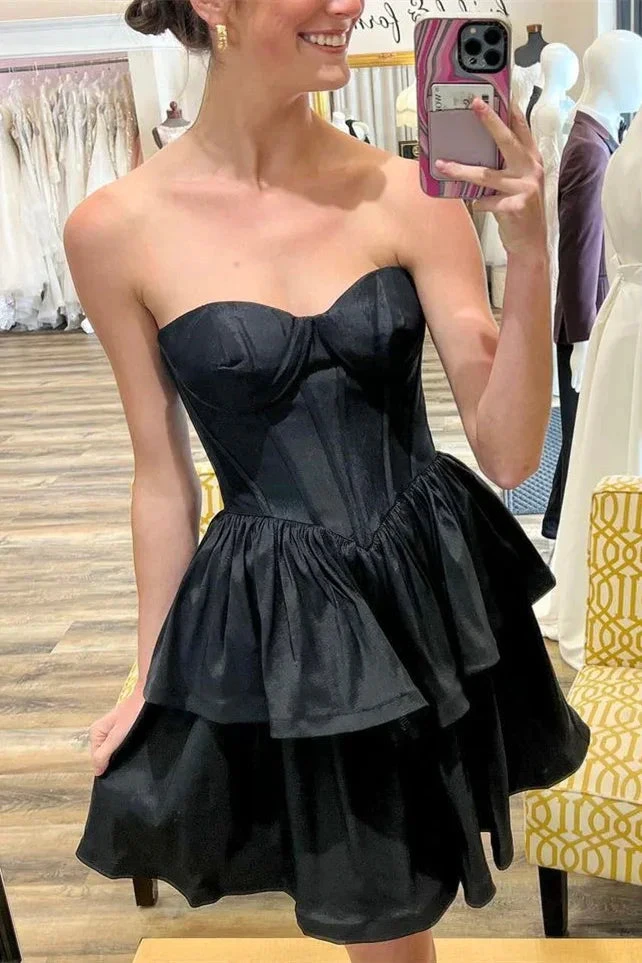 Black Strapless Satin Multi-Layers Homecoming Dress Y2070 by simplepromdress