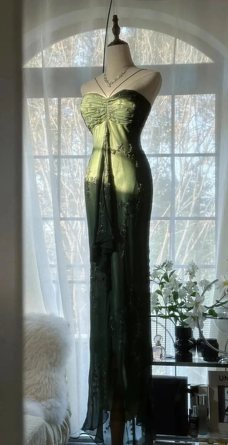 Vintage Dark Green Bodycon Satin Beaded Prom Dress Long Evening Dress Y8557 by simplepromdress