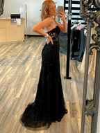 Mermaid Open Back Black Lace Long Prom Dresses, Strapless Black Formal Dresses, Black Lace Evening Dresses Y1794 by simplepromdress