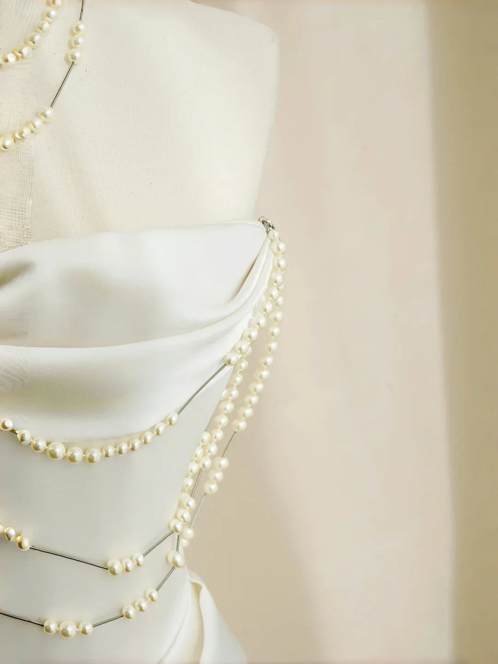 Classy Strapless Satin Pearls Chain White Prom Dress A Line Evening Dress Y8684 by simplepromdress
