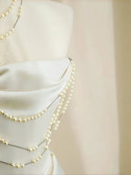 Classy Strapless Satin Pearls Chain White Prom Dress A Line Evening Dress Y8684 by simplepromdress