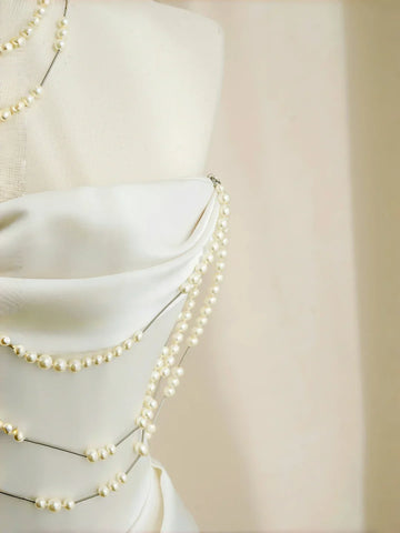 Classy Strapless Satin Pearls Chain White Prom Dress A Line Evening Dress Y8684 by simplepromdress
