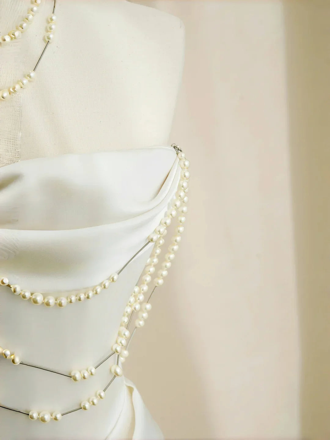 Classy Strapless Satin Pearls Chain White Prom Dress A Line Evening Dress Y8684 by simplepromdress