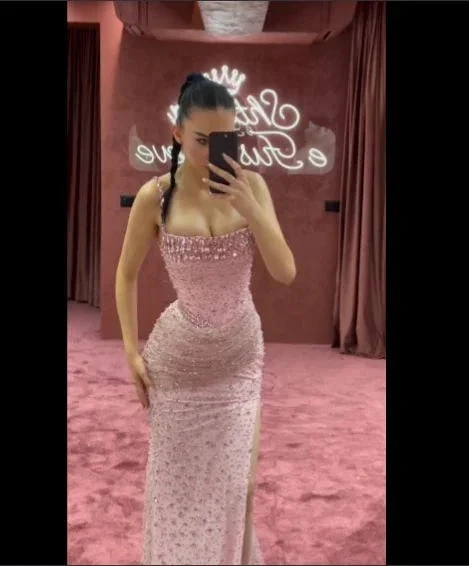 Charming Pink Mermaid Beaded Evening Gown Spaghetti Straps Slit Long Prom Party Dress Y7970 by simplepromdress