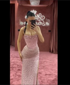 Charming Pink Mermaid Beaded Evening Gown Spaghetti Straps Slit Long Prom Party Dress Y7970 by simplepromdress