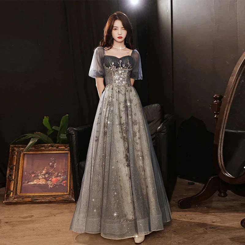 Elegant A-Line Grey Tulle Short Sleeves Long Party Dress, Grey Evening Dress Y1507 by simplepromdress