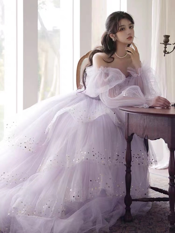 Sparkly Prom Dresses Purple Prom Dresses Robes Cocktail Off The Shoulder Prom Dresses Long Sleeve Prom DressesY2408