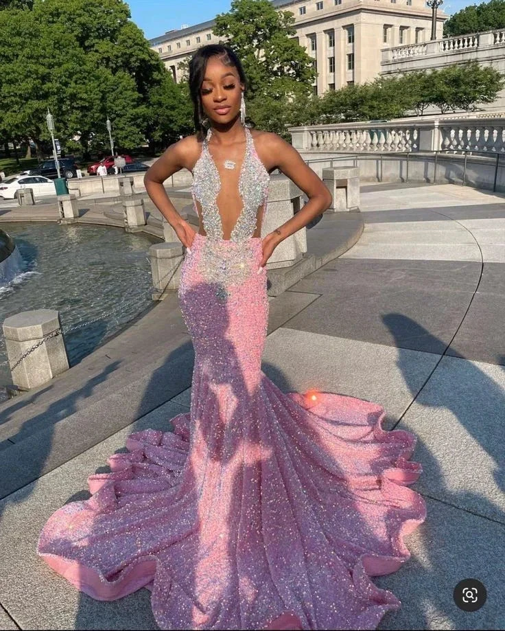 Sparkling pink prom dresses, Sexy sequins mermaid pink prom pageant evening dress Y477 by simplepromdress