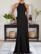 Dusty Blue Sheath Halter Long Mother of Bride Dress With Appliques by Dreamylily