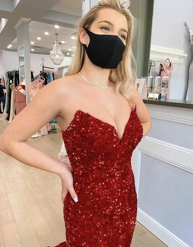 Burgundy Mermaid Strapless Sequins Long Evening Dresses Y1220 by simplepromdress