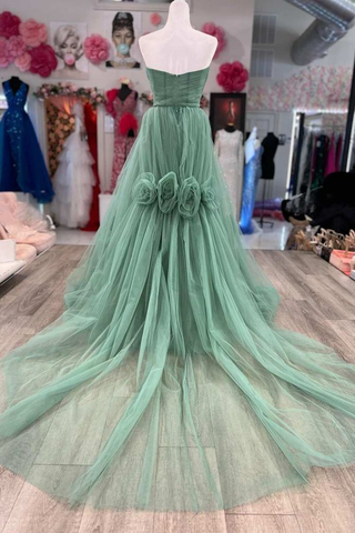 Green Strapless Floral Long Prom Dresses Green Formal Dresses Green Tulle Evening Dresses Y4640