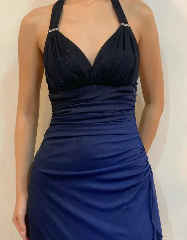 Sexy Halter Ombre Navy Blue V Neck Chiffon Long Prom Dress Party Evening Gown Y7486 by simplepromdress