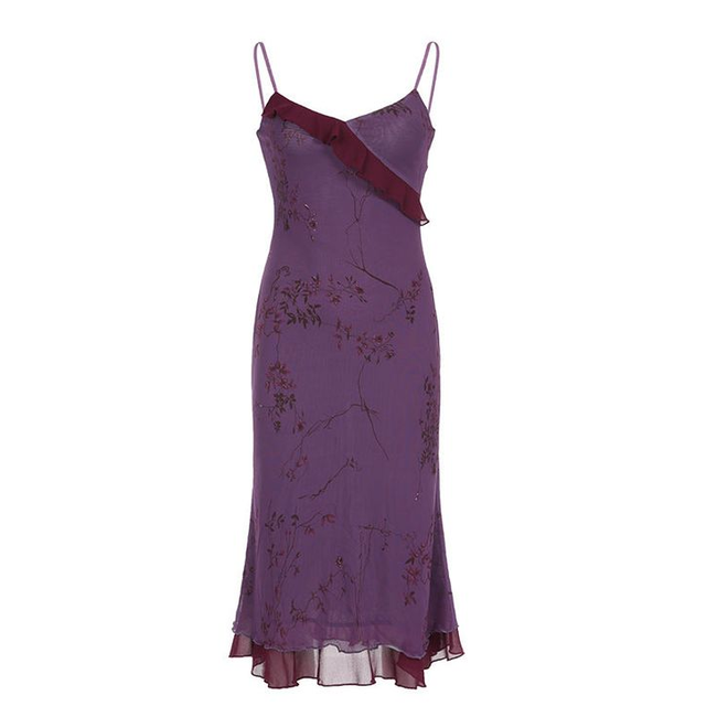 Vintage Print Rüschen Abendkleid Lila Träger Ballkleid Y7876 Main Image