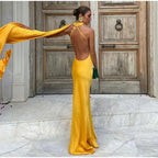 Yellow Satin Backless Off-Shoulder Long Prom Dress Evening Dress Y8466 by simplepromdress