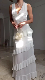 Simple White V Neck Chiffon Ruffle Prom Dress Backless Long Evening Dress Y8500 by simplepromdress