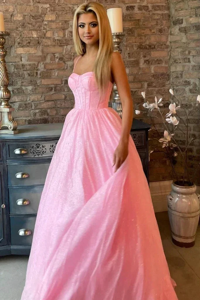 Shiny Pink Tulle Long Prom Dress, Spaghetti Straps Pink Formal Dress, Sparkly Pink Evening Dress Y209 by simplepromdress