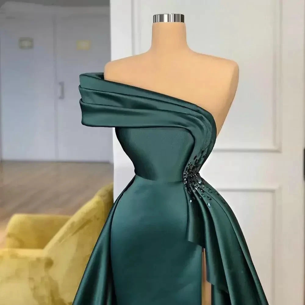 New Long Satin Evening Dresses Wear Elegant Ruched Crystal Beads Split One Shoulder Evening Gowns Formal Women Prom Dresses S23314 by simplepromdress