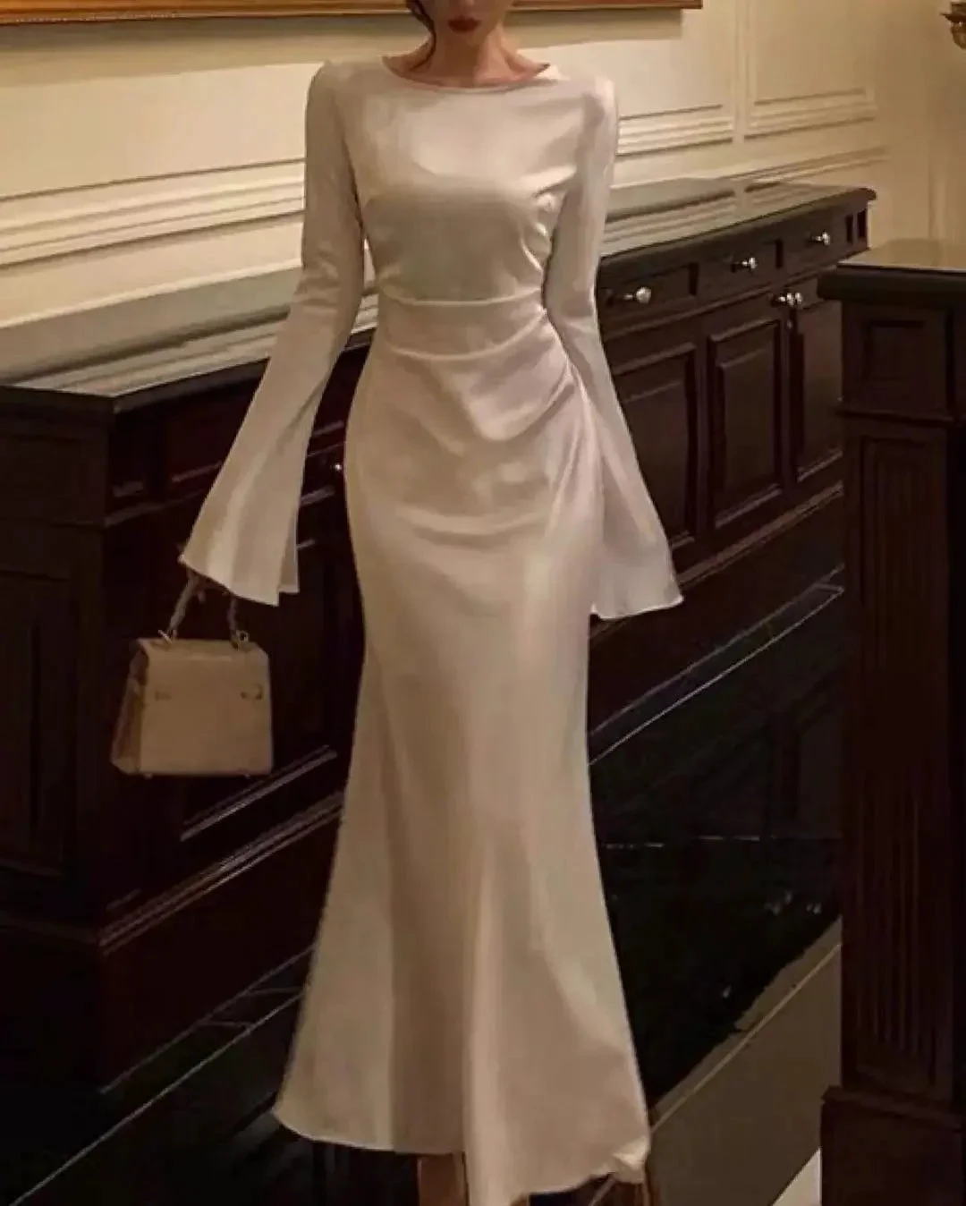 Women's O-Neck Satin Evening Dress Simple White Cocktail Dress Y6894 by simplepromdress