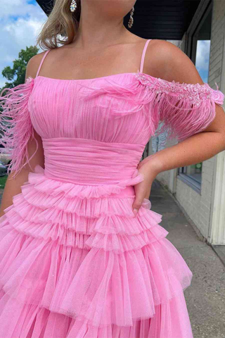 Pleated Hot Pink Cold Sleeves Tiered Tulle Party Dress Short Homecoming Dress Y1955