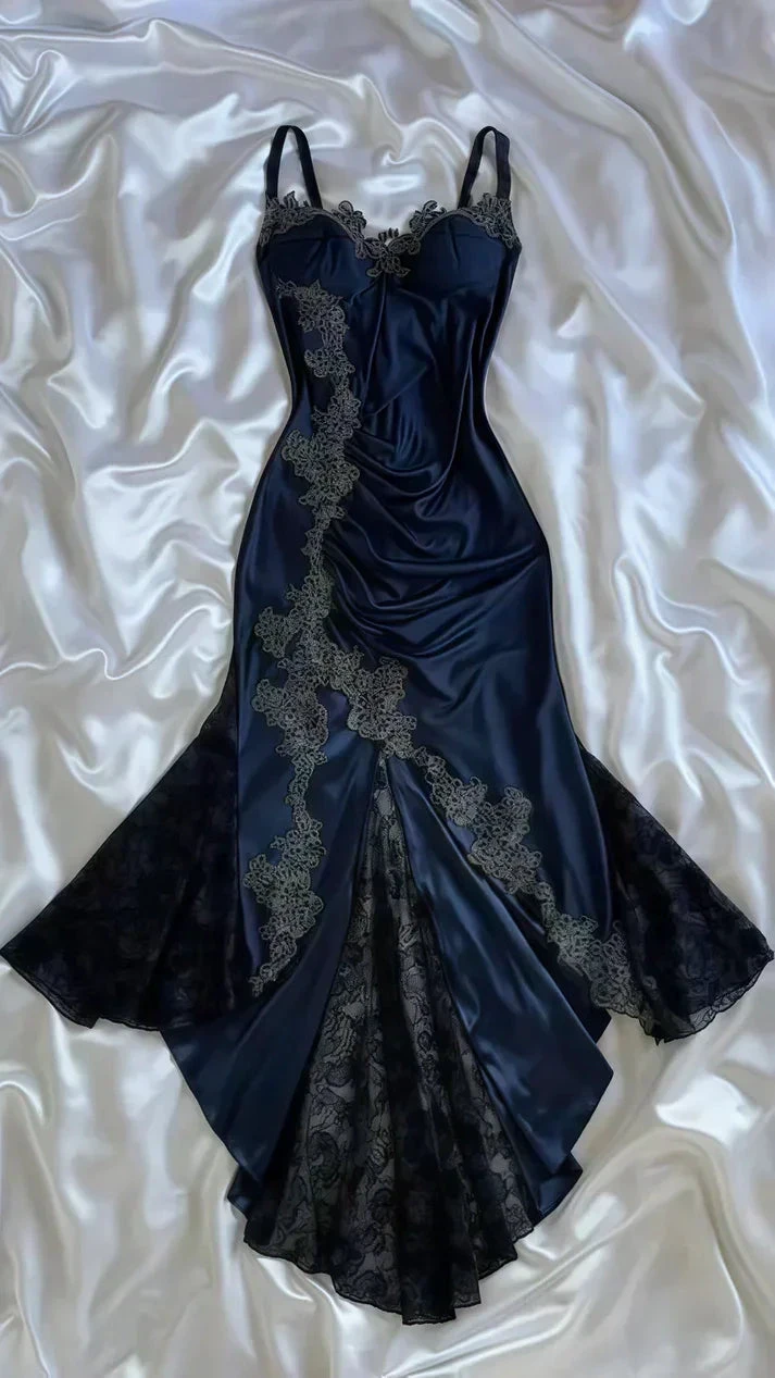Vintage Navy Blue Satin Lace Appliques Mermaid Evening Dress Prom Dress Y8497 by simplepromdress