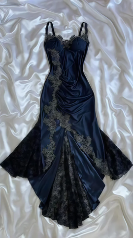 Vintage Navy Blue Satin Lace Appliques Mermaid Evening Dress Prom Dress Y8497