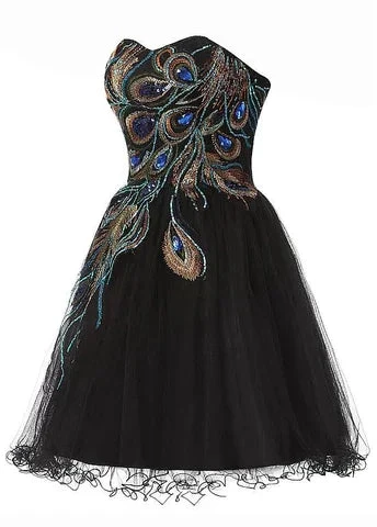 Chic Tulle Satin Beaded Sweetheart Neckline A-Line Short Cocktail Dress Black Homecoming Dress Y8483 by simplepromdress