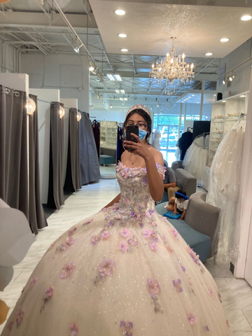 Glitzerndes schulterfreies Ballkleid, Sweet 16 Kleid mit Blumen Y2266