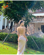 Sexy Halter V Neck Party Dress Champagne Gold Prom Evening Dress Y8211 by simplepromdress