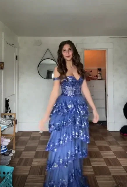 Sparkly Blue Tulle Sequins Layered Evening Dress Formal Slit Prom Dress Y7961 by simplepromdress
