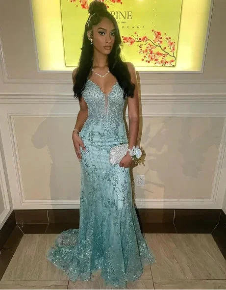 Charming Spaghetti Straps Lace Appliques Evening Dress Mermaid Prom Dress Y7921 by simplepromdress