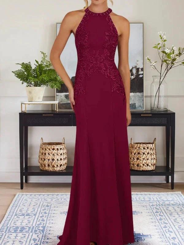 Dusty Blue Sheath Halter Long Mother of Bride Dress With Appliques by Dreamylily