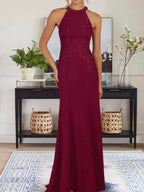 Dusty Blue Sheath Halter Long Mother of Bride Dress With Appliques by Dreamylily