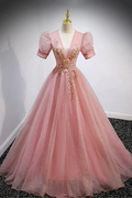 Pink V-Neck Tulle Long Prom Dresses A-Line Short Sleeve Evening Dresses Y892 by simplepromdress