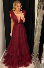 A-line Deep V Neck Tulle Evening Dress Y5931 by simplepromdress