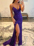 Long Mermaid V-neck Backless Sequin Prom Dress with Slit Purple Formal Graduation Evening Dresses Y7403 by simplepromdress