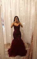 Burgundy tulle sequins long mermaid prom dress evening dress Y6351 by simplepromdress