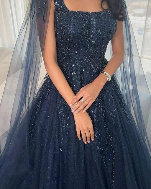Navy Blue Glitter Square Neck Tulle Long Sleeves Luxury Ball Gown Y4883 by simplepromdress