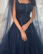 Navy Blue Glitter Square Neck Tulle Long Sleeves Luxury Ball Gown Y4883 by simplepromdress